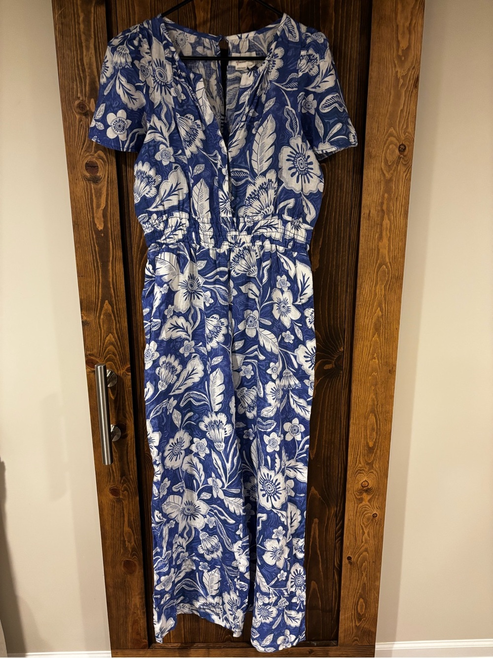 Anthropologie Somerset Linen Jumpsuit Medium Blue and White Floral